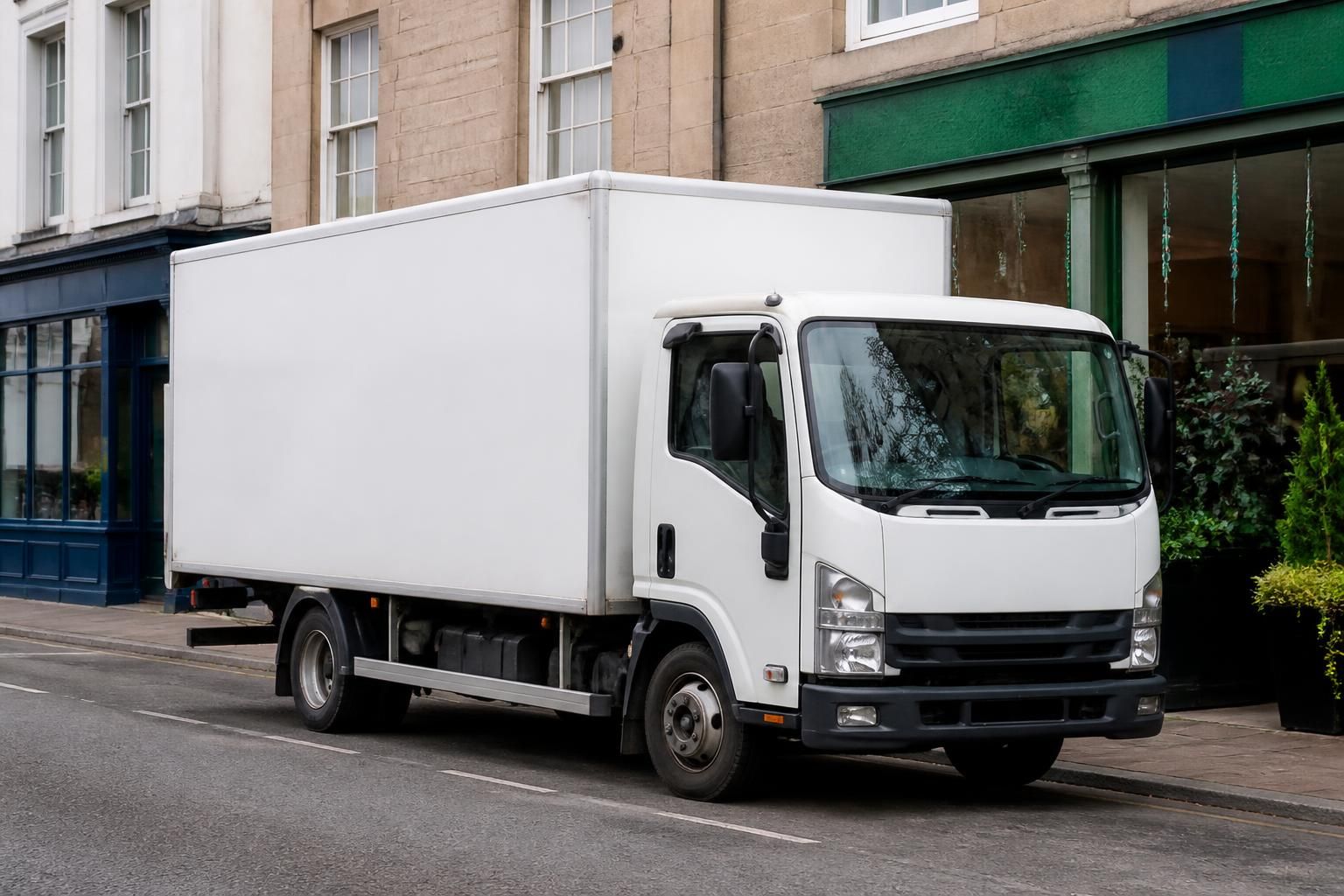 White 7.5 tonne box lorry parked on a town high street