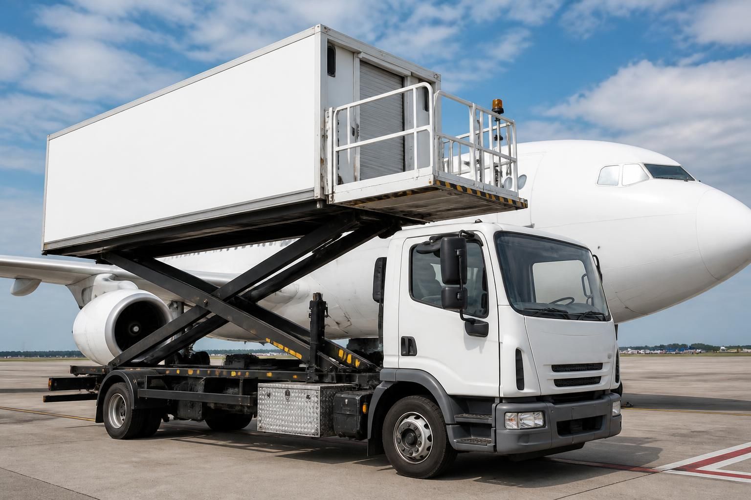 Airside Lorry Insurance 1 Catering lift lorry with its body raised beside a passenger jet on an airport apron