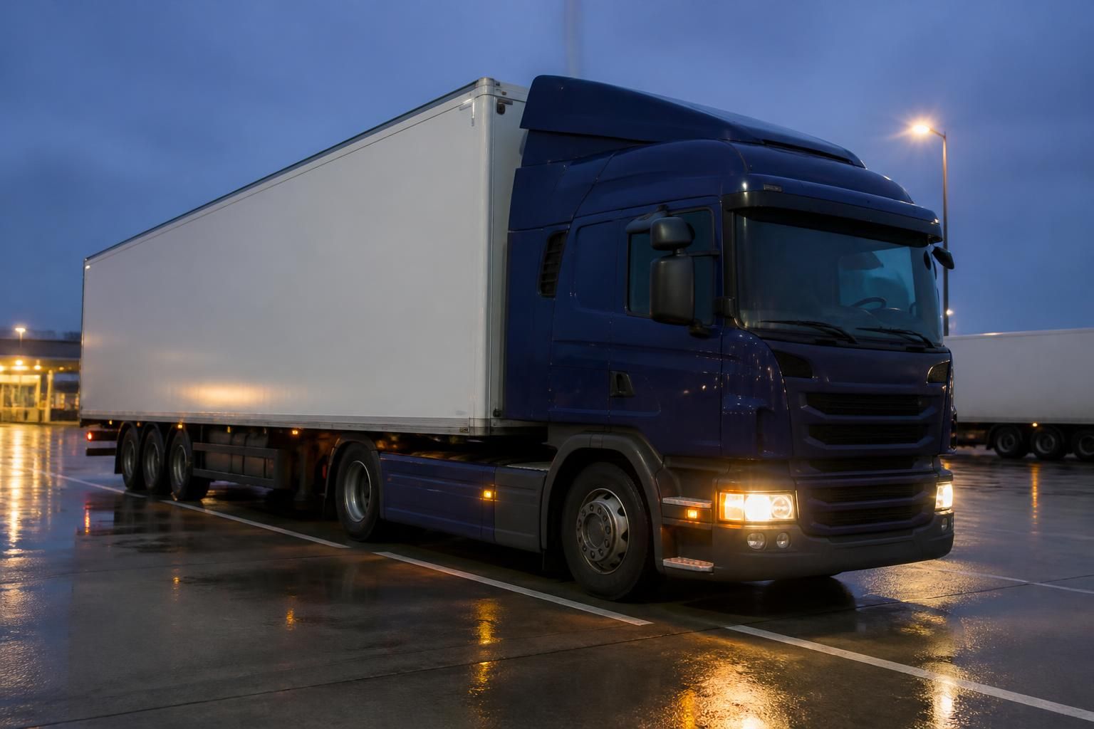 Articulated lorry with a box trailer parked in a lorry park at dusk