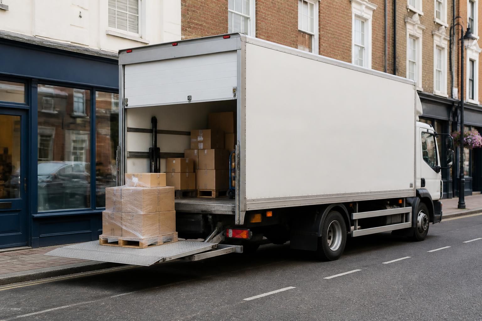 Rigid box lorry with its tail lift lowered during a street delivery