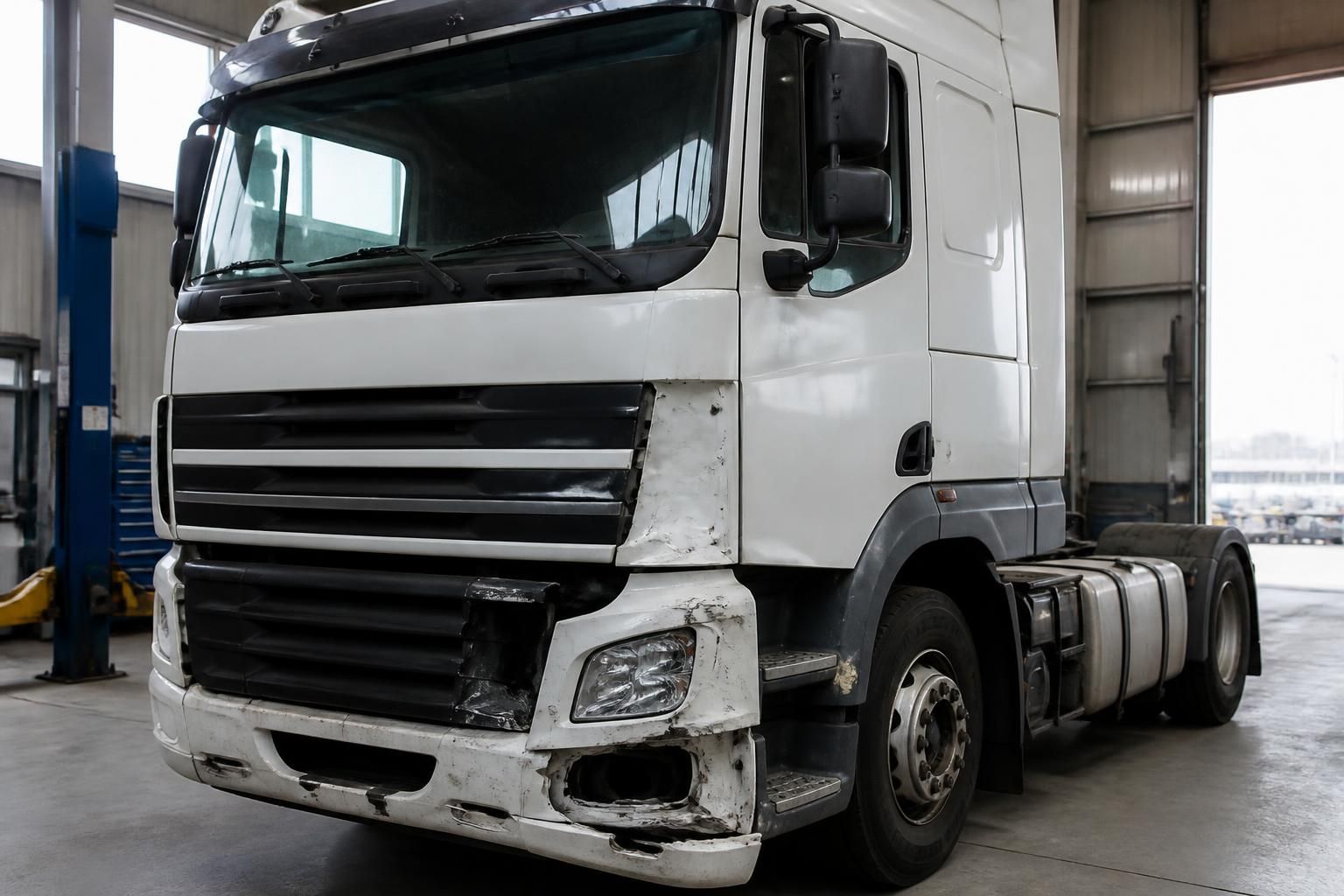 Lorry cab with front corner damage waiting in a repair workshop