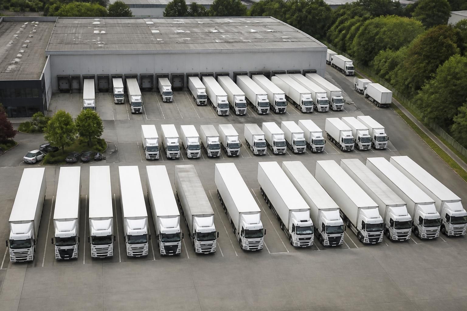 Aerial view of a fleet of lorries parked at a distribution depot