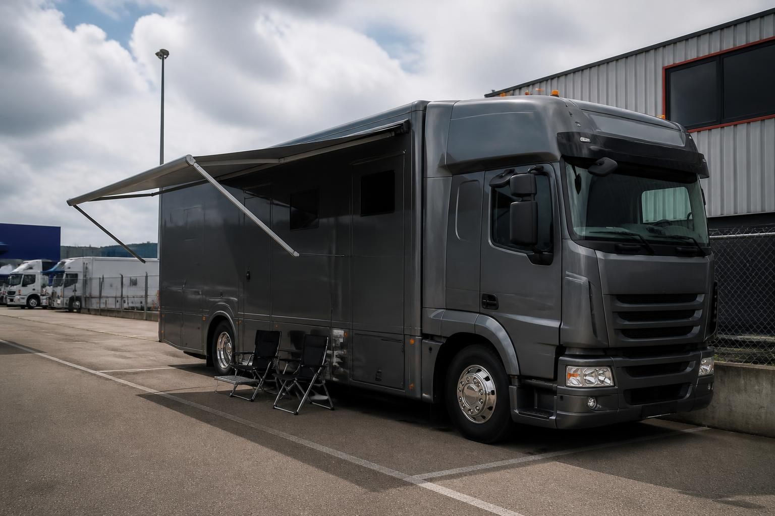 Race transporter with its awning out in a circuit paddock