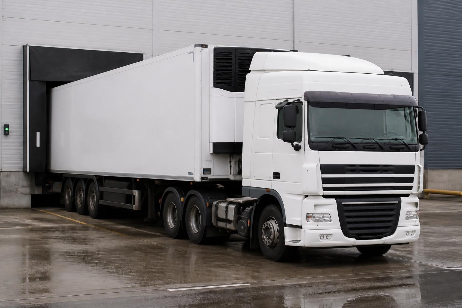 Refrigerated articulated lorry reversed onto a loading bay
