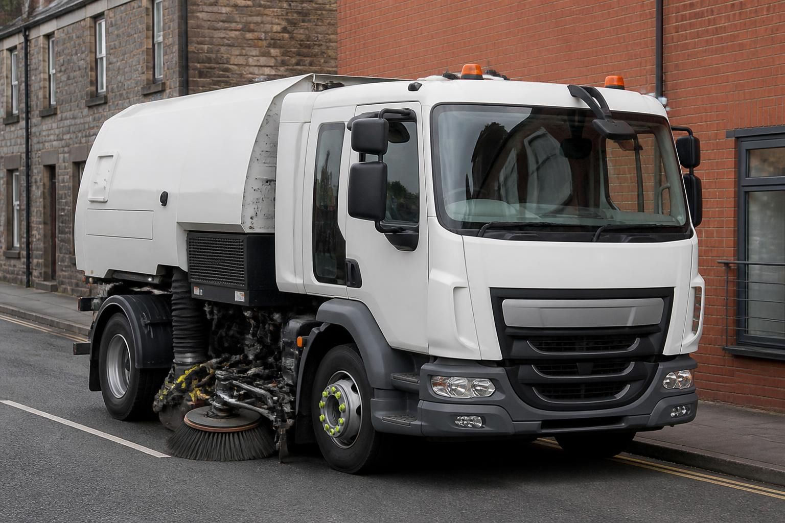 Truck-mounted road sweeper cleaning the kerb of a town street