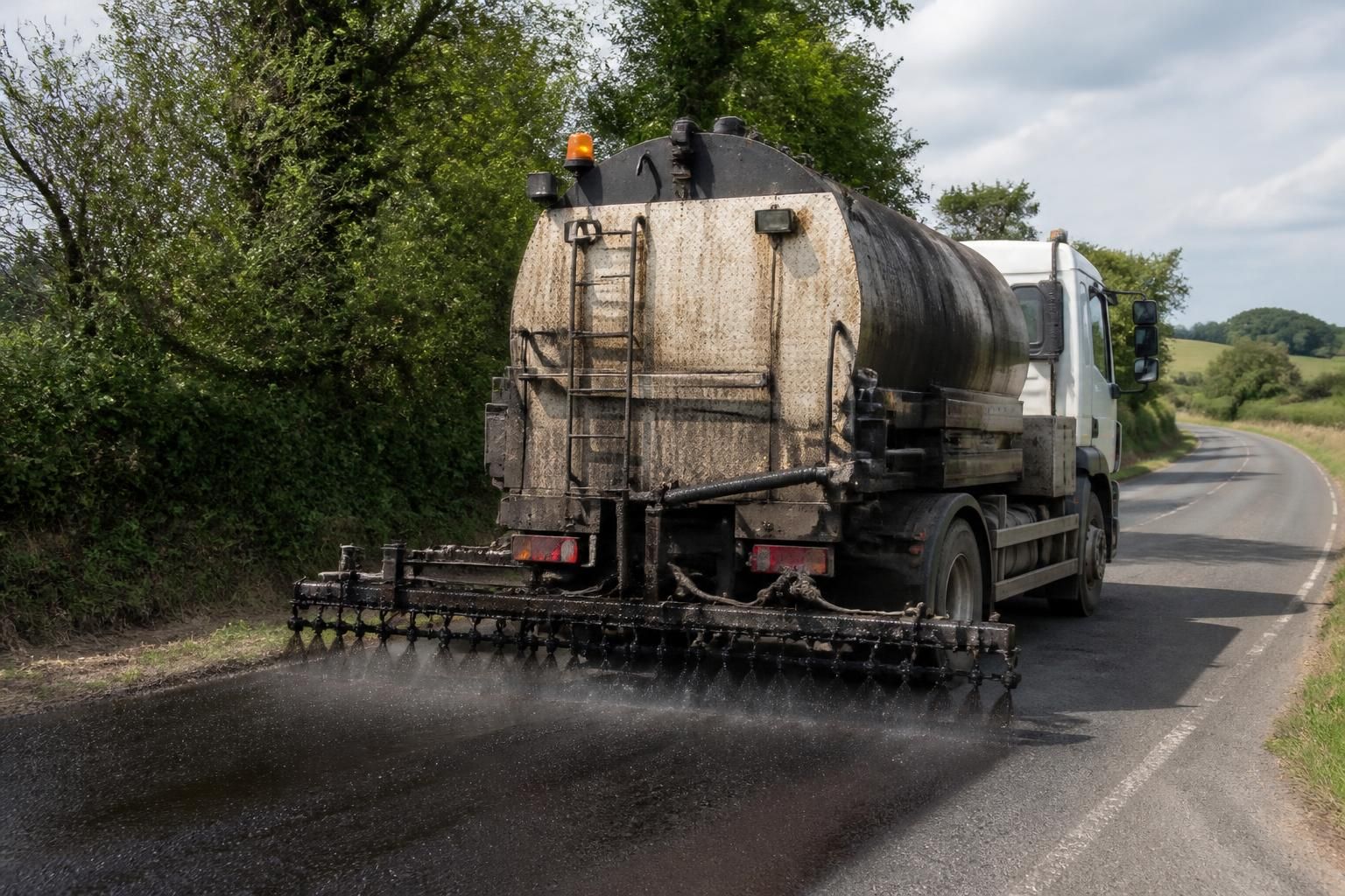 Bitumen sprayer lorry surface dressing a country lane